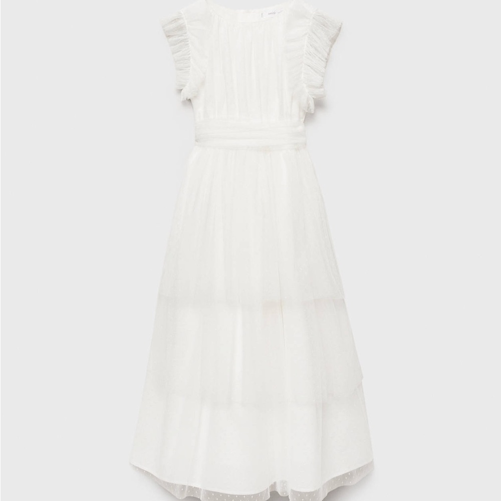 Mango White Tiered Tulle Dress with Ruffle Sleeves